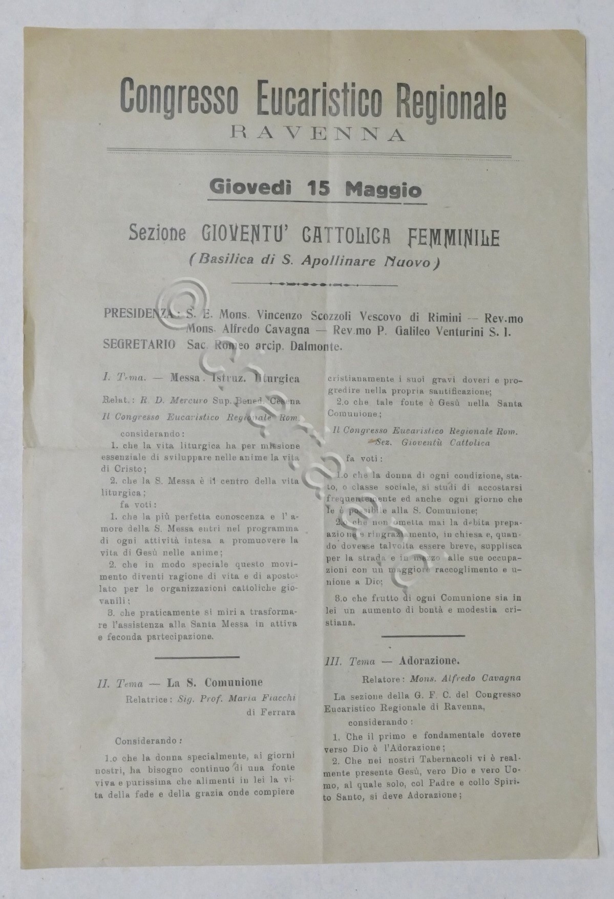 Congresso Eucaristico Regionale - Ravenna - Foglio informativo - 1920 …
