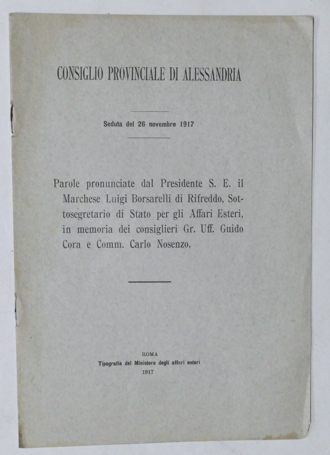 Consiglio Provinciale Alessandria parole presidente Borsarelli di Rifreddo 1917