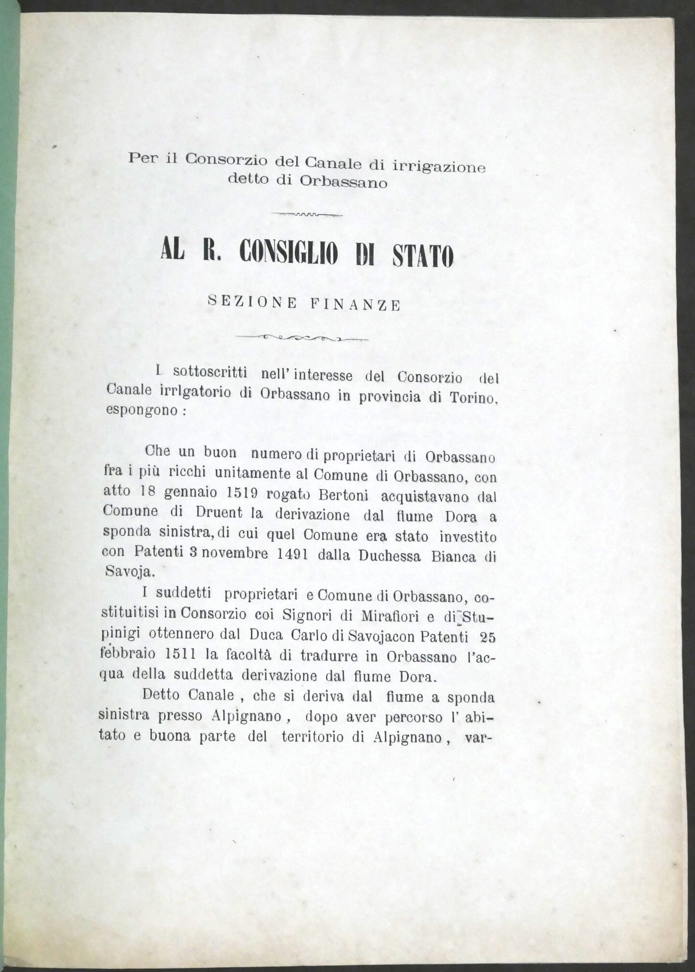 Consorzio Canale di Orbassano - Esposizione al R. Consiglio di …