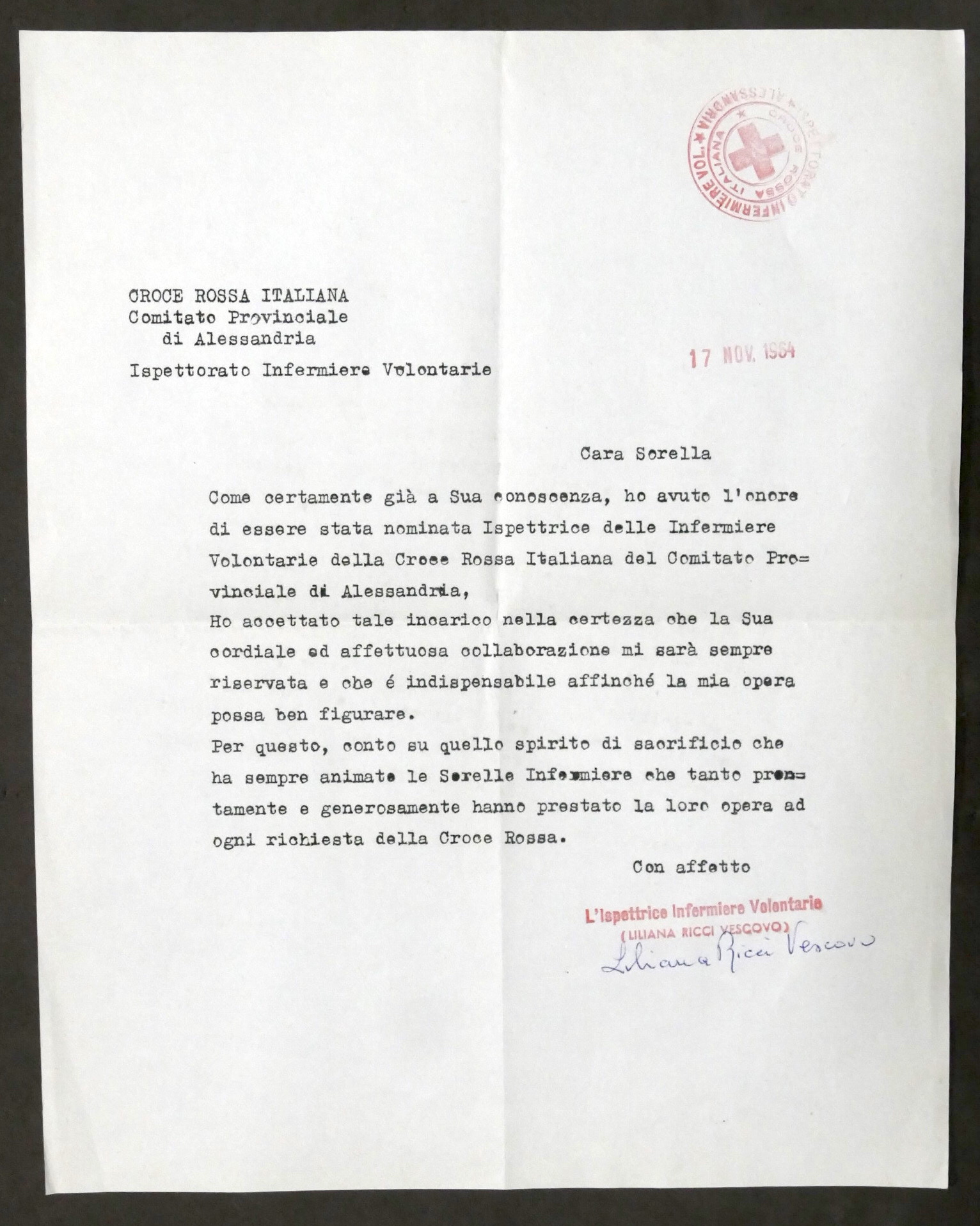Croce Rossa Italiana - Lettera Infermiere Volonatarie Comitato Alessandria 1964