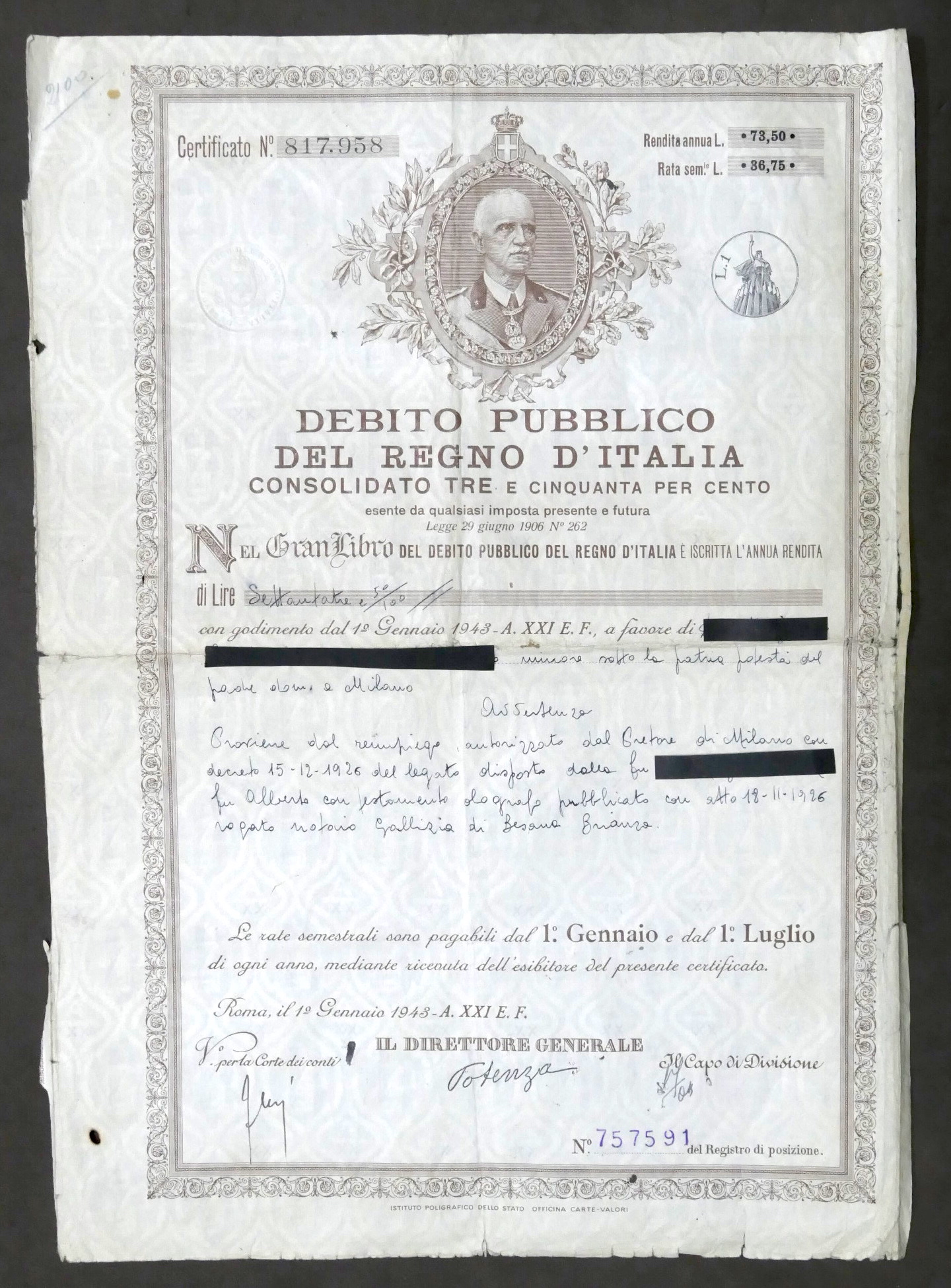Debito Pubblico Regno d'Italia - Certificato Rendita annuale - 1943