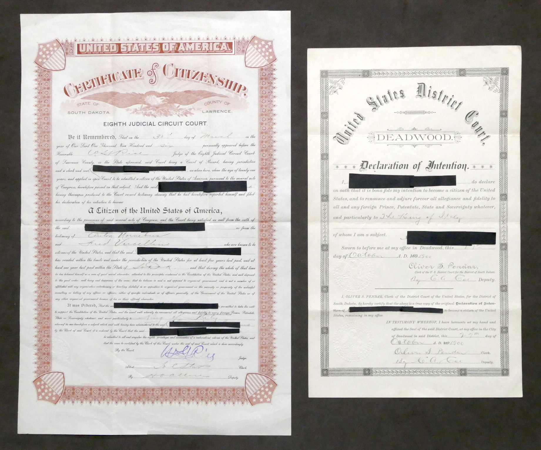 Declaration and certificate of Citizenship United States of America 1900 …
