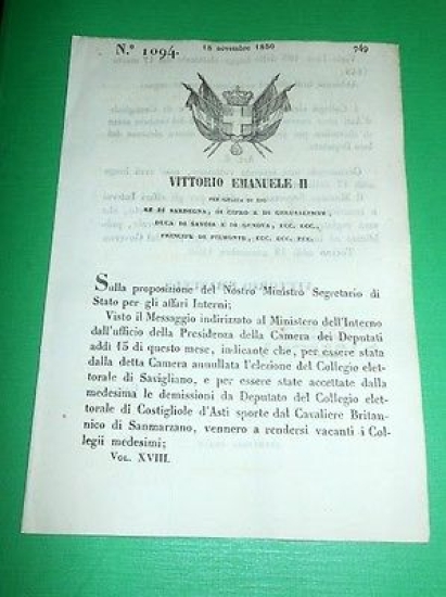 Decreti Regno Sardegna Collegii Elettorali di Savigliano e Costiglione 1850