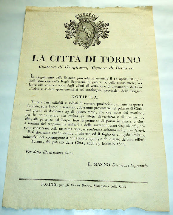 Decreti Regno Sardegna Controllo delle Armi e Uniformi Soldati Torino …
