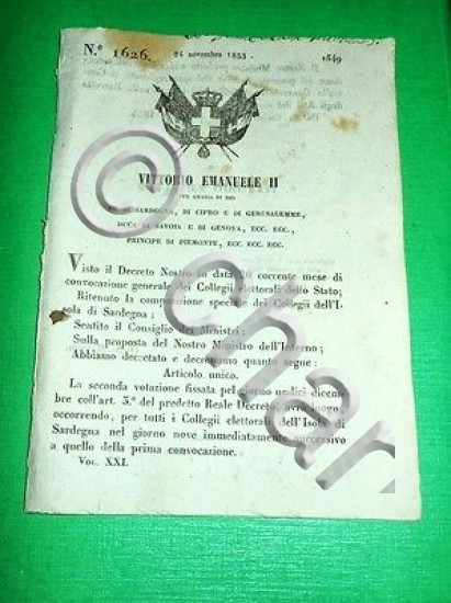 Decreti Regno Sardegna Convocazione Collegi Elettorali Isola di Sardegna 1853