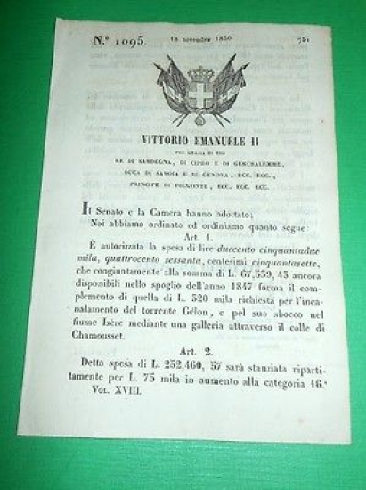 Decreti Regno Sardegna Incanalamento Gèlon sbocco Isère Galleria Chamousset 1850