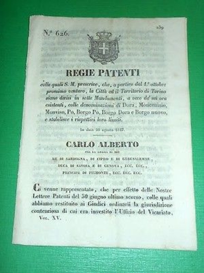 Decreti Regno Sardegna Mandamenti Città e Territorio di Torino 1847