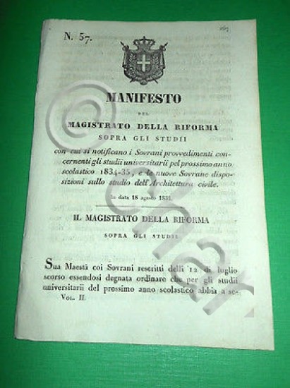 Decreti Regno Sardegna Manifesto Disposizioni Studio Architettura Civile 1834