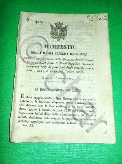 Decreti Regno Sardegna Manifesto Notai e Codice Civile 1843