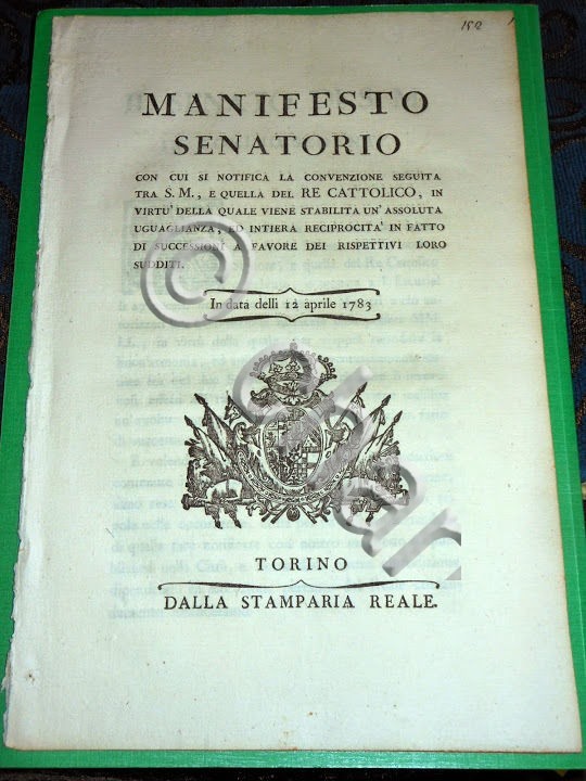 Decreti Regno Sardegna Manifesto Sanatorio Convenzione Successioni 1783