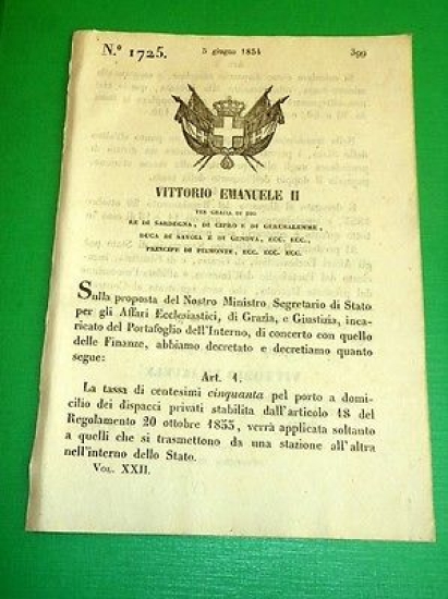 Decreti Regno Sardegna N.°1725 Tassa Porto a Domicilio Dispacci Privati …
