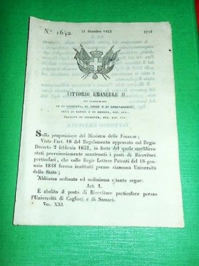 Decreti Regno Sardegna Ricevitore particolare Università Cagliari e Sassari 1853