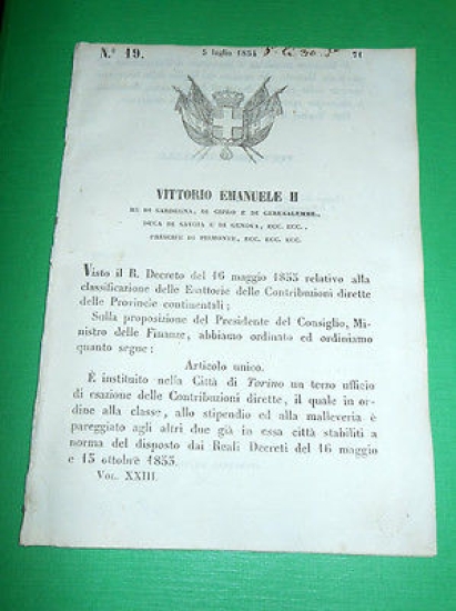 Decreti Regno Sardegna Torino 3° Ufficio Esazione Contribuzioni Dirette 1854