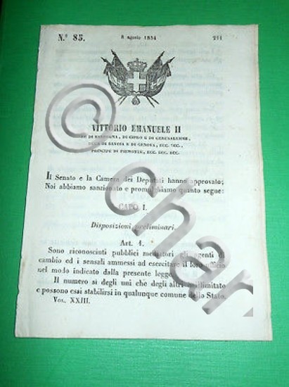 Decreti Regno Sardegna Torino Agenti di Cambio Pubblici Mediatori 1854
