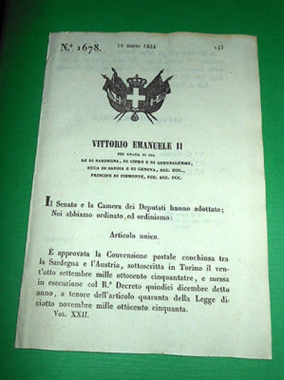 Decreti Regno Sardegna Torino Convenzione Postale tra Sardegna e Austria …