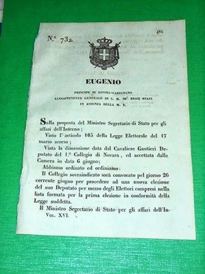 Decreti Regno Sardegna Torino Convoca 1.° Collegio Elettorale di Novara1848