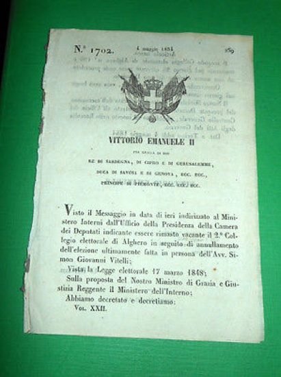 Decreti Regno Sardegna Torino Convocazione 2° Collegio Elettorale di Alghero …