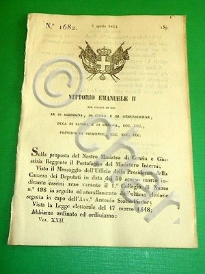 Decreti Regno Sardegna Torino Convocazione Collegio Elettorale di Nuoro 1854