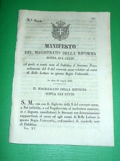 Decreti Regno Sardegna Torino Corso Belle Lettere in Regia Università …