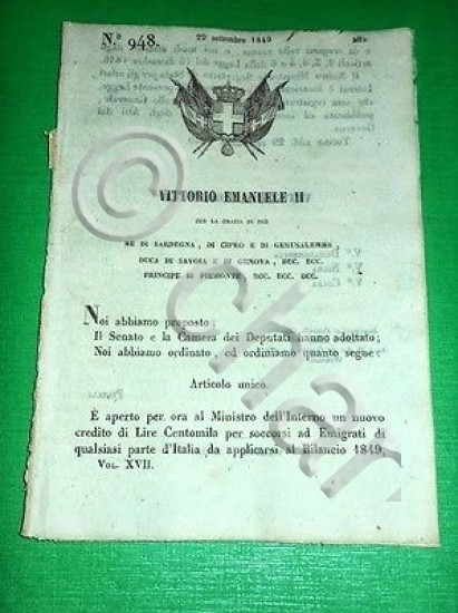 Decreti Regno Sardegna Torino Credito Soccorsi Emigrati Italiani 1849