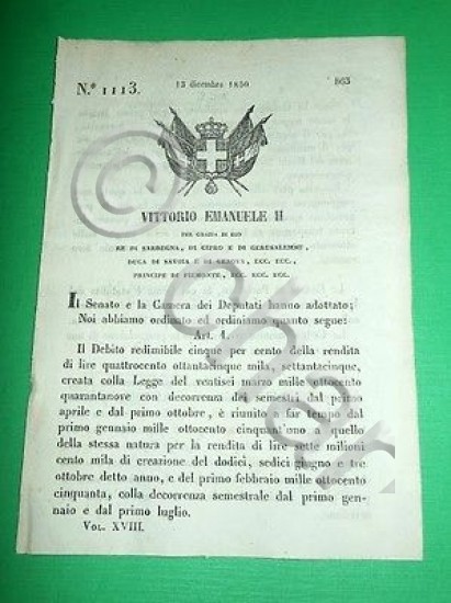 Decreti Regno Sardegna Torino Debito Redimibile 1850