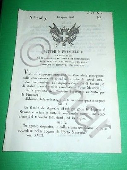 Decreti Regno Sardegna Torino Deposito Doganale di Savona 1850
