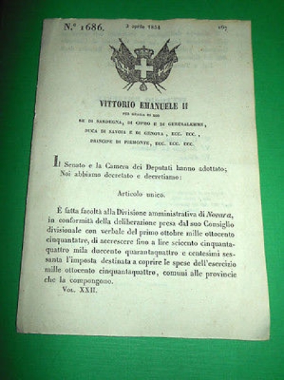 Decreti Regno Sardegna Torino Divisione Amministrativa di Novara 1854