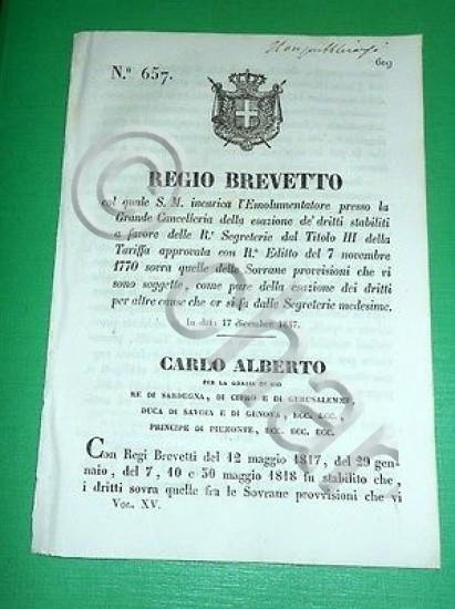 Decreti Regno Sardegna Torino Emolumentatore presso Grande Cancelleria 1847