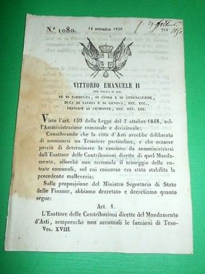 Decreti Regno Sardegna Torino Esattore Contribuzioni Mandamento d' Asti 1850