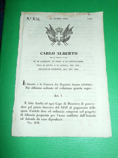 Decreti Regno Sardegna Torino Facoltà Capo Dicastero Pagamento Spese 1848