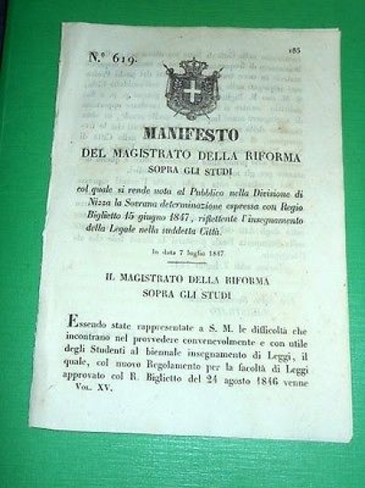 Decreti Regno Sardegna Torino Insegnamento della Legale a Nizza 1847