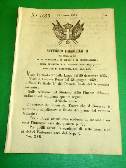 Decreti Regno Sardegna Torino Interessi Buoni del Tesoro 1854