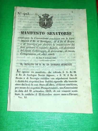 Decreti Regno Sardegna Torino Manifesto Convenzione Emigrazione Svezia 1843