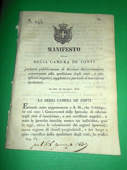 Decreti Regno Sardegna Torino Manifesto Stato Inscrizioni Ipotecarie 1838
