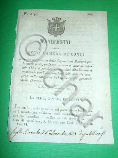 Decreti Regno Sardegna Torino Manifesto Tariffa Generale delle Dogane 1838