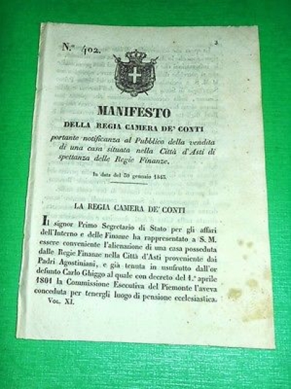 Decreti Regno Sardegna Torino Manifesto Vendita Casa nella Città di …