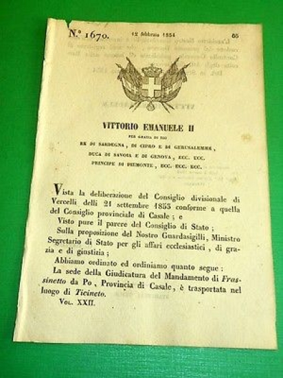 Decreti Regno Sardegna Torino N.° 1670 Giudicatura di Frassinetto da …