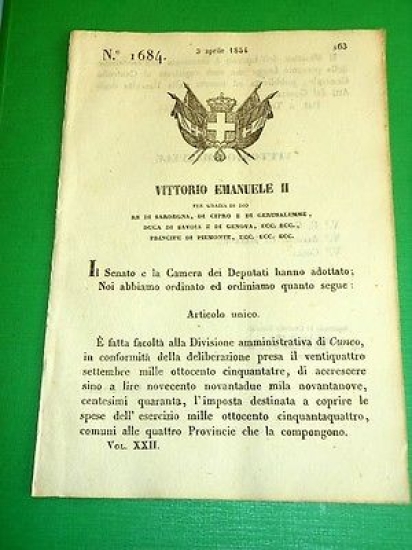 Decreti Regno Sardegna Torino N.° 1684 Divisione Amministrativa di Cuneo …