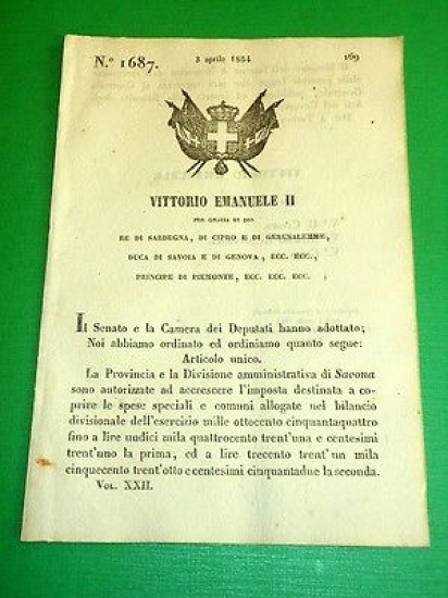 Decreti Regno Sardegna Torino N.° 1687 Divisione Amministrativa di Savona …