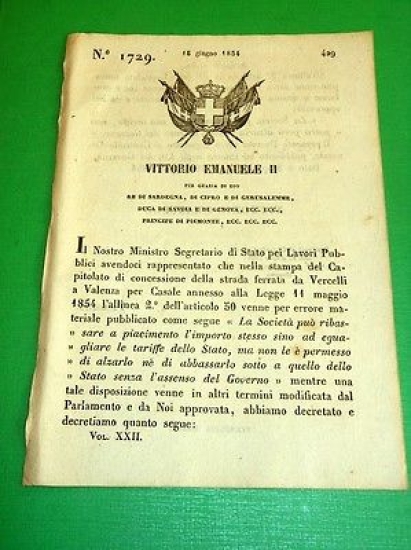 Decreti Regno Sardegna Torino N°1729 Rettifica Errore Stampa Legge 11 …