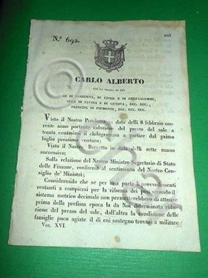 Decreti Regno Sardegna Torino Prezzo del Sale 1848