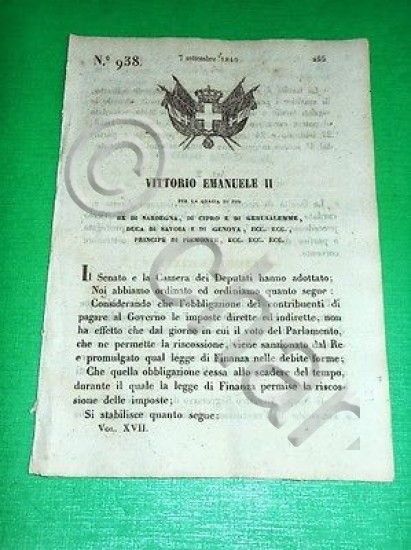 Decreti Regno Sardegna Torino Proroga Riscossione Tasse e Imposte 1849