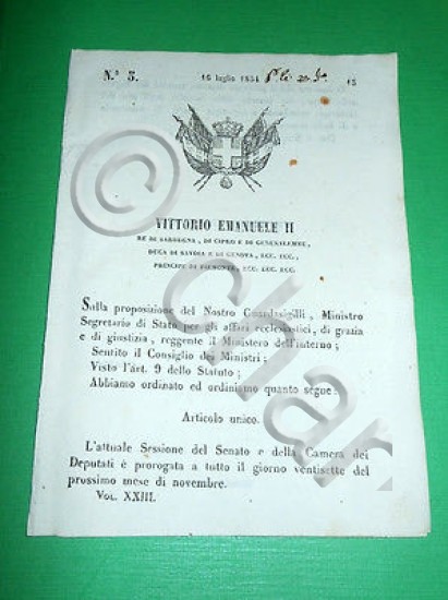 Decreti Regno Sardegna Torino Proroga Sessione Senato e Camera dei …
