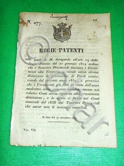 Decreti Regno Sardegna Torino Regie Patenti Versamenti Tesoreria Generale 1839