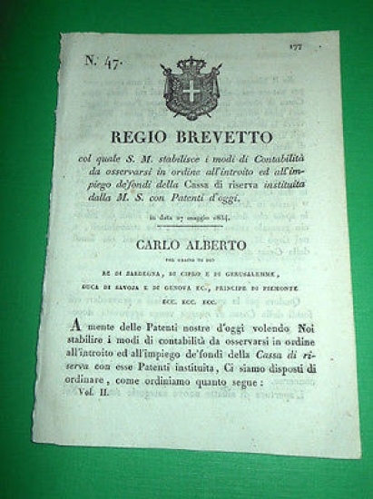 Decreti Regno Sardegna Torino Regio Brevetto Contabilità Cassa di Riserva …