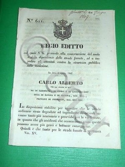 Decreti Regno Sardegna Torino Regio Editto Suolo e Dipendenze Ferrovie …