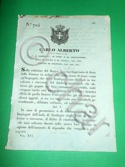 Decreti Regno Sardegna Torino Regolamento Diritto d' Emolumento 1848
