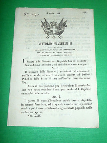 Decreti Regno Sardegna Torino Rendita Annua sul Debito Pubblico 1854