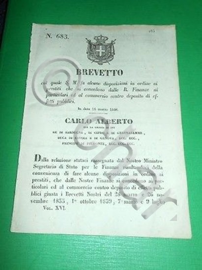 Decreti Regno Sardegna Torino Revoca Prestiti sovra Deposito 1848