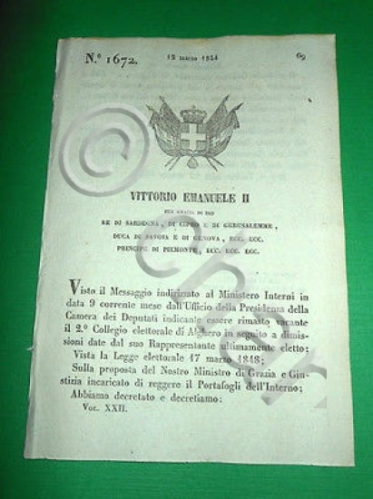 Decreti Regno Sardegna Torino Secondo Collegio Elettorale di Alghero 1854
